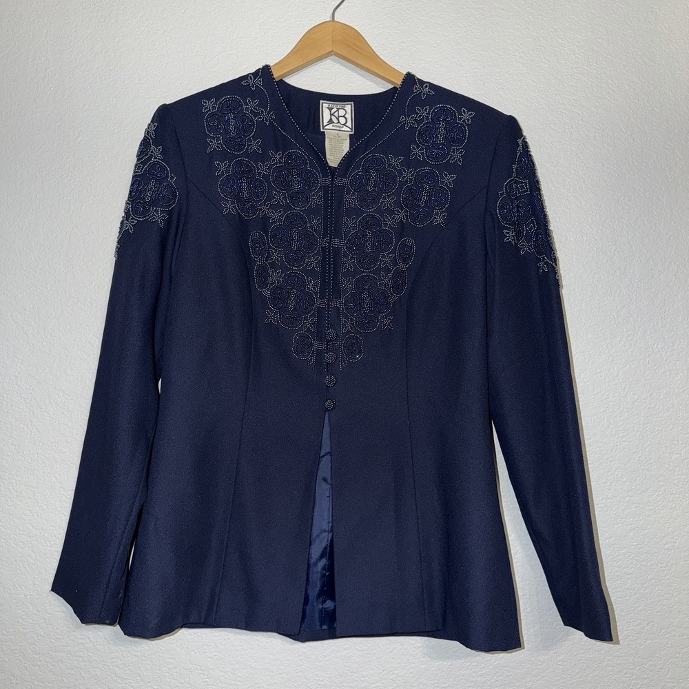 Vintage Katherine Bishop Beaded Navy Blue Jacket Women's Size 8 Embellished